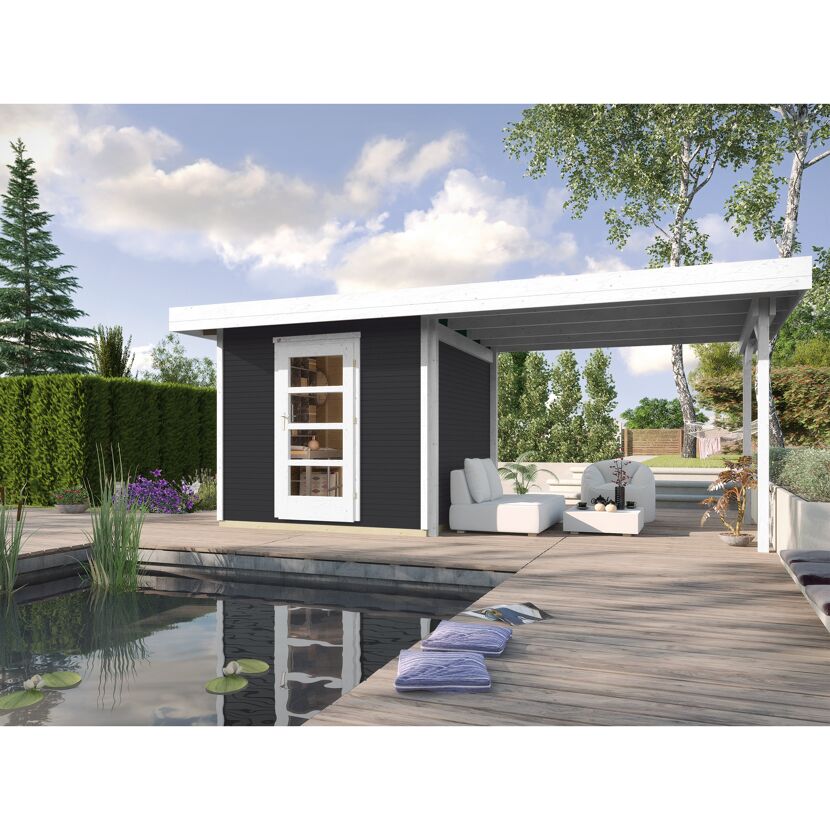 Gartenhaus wekaLine anthrazit mit Lounge-Möbeln am Teich