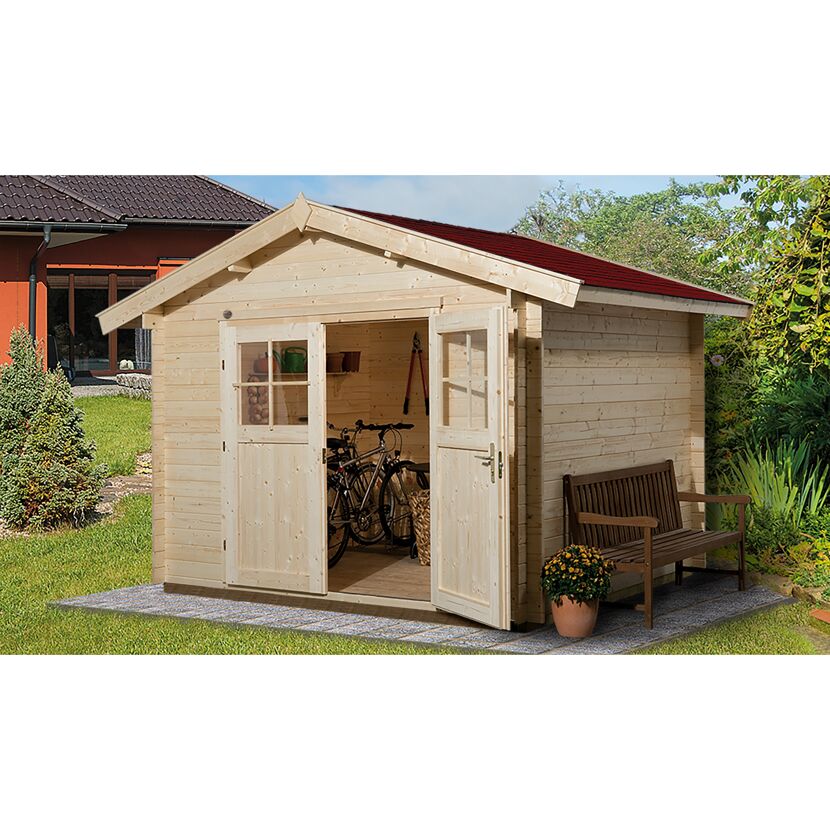 Holz-Gerätehaus mit roten Dachziegeln und geöffneten Türen, darin Fahrräder.