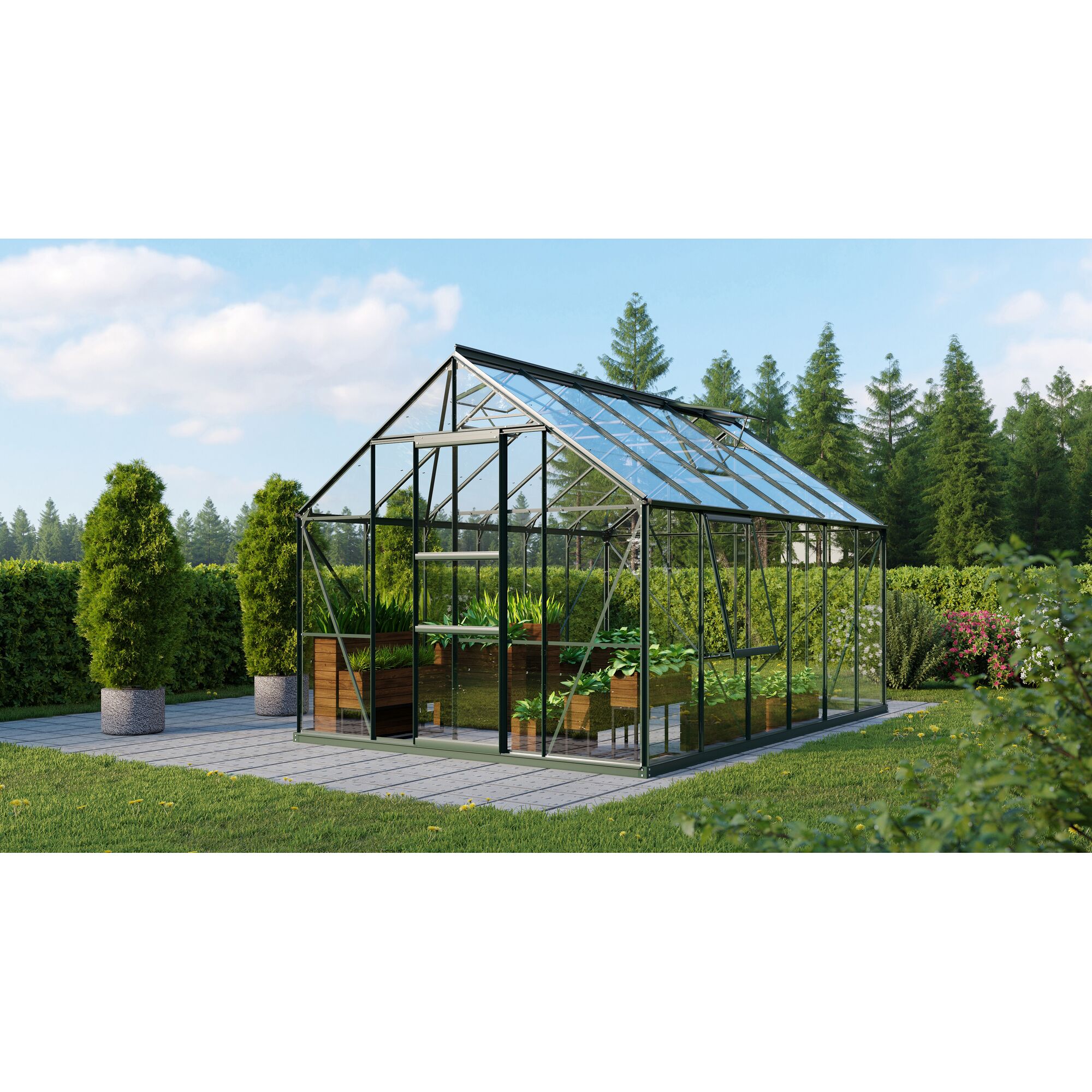 Gewächshaus Meridian 1 smaragdgrün mit Pflanzen