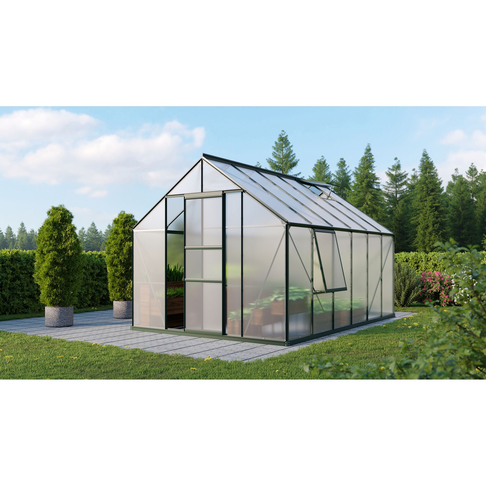 Gewächshaus Meridian 1 smaragdgrün im Garten