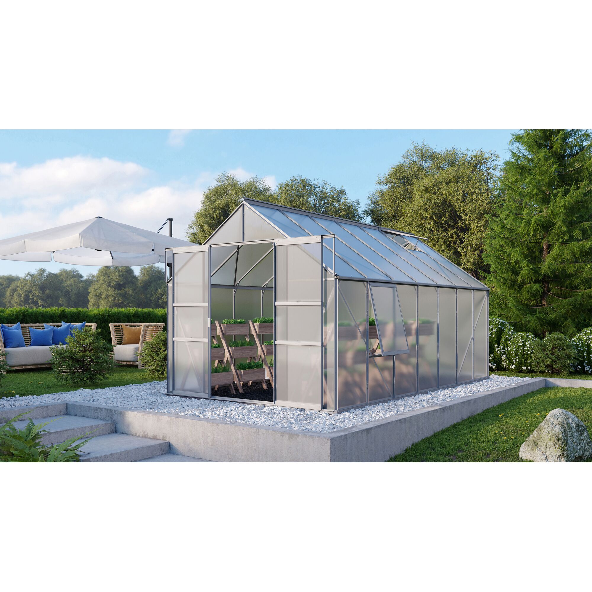 Gewächshaus Meridian 2 mit geöffneter Tür