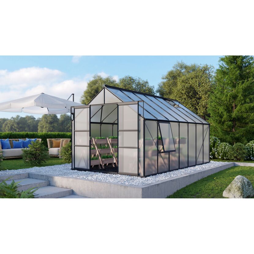 Gewächshaus Meridian 2 mit geöffneter Tür und hochgeklapptem Fenster