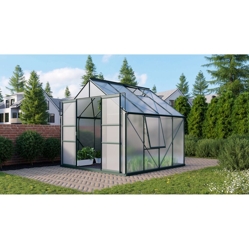Gewächshaus Meridian 2 smaragdgrün mit geöffneter Tür und Fenster