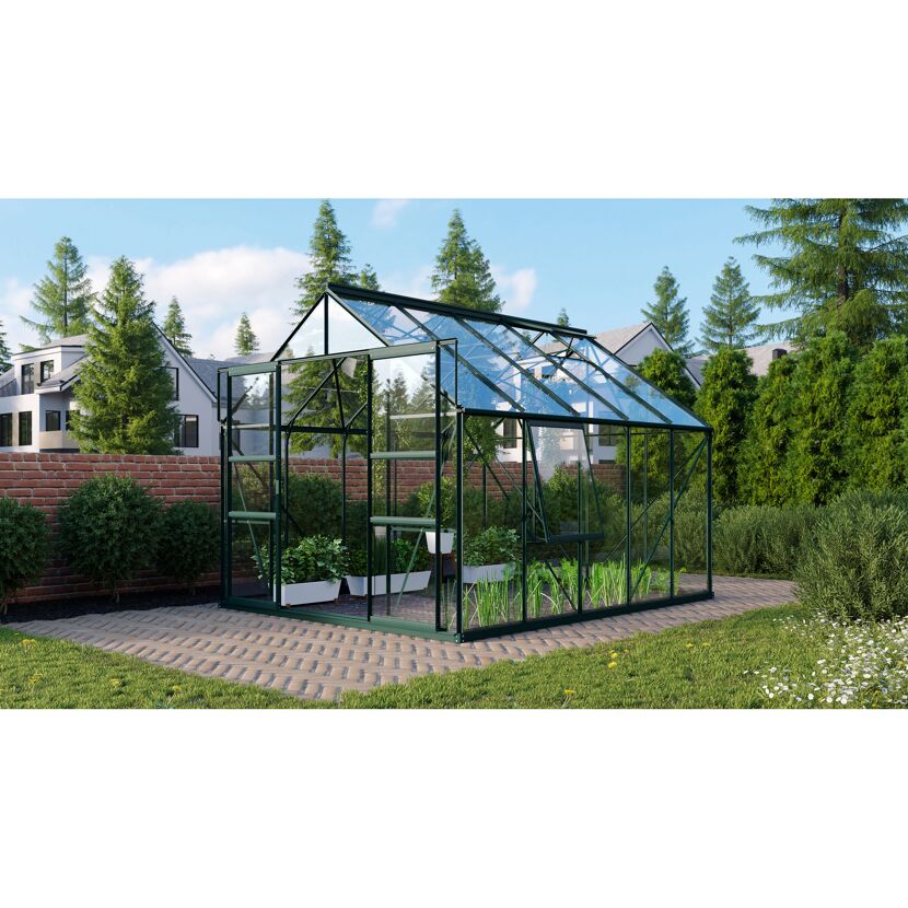 Gewächshaus Meridian 2 smaragdgrün mit Pflanzen