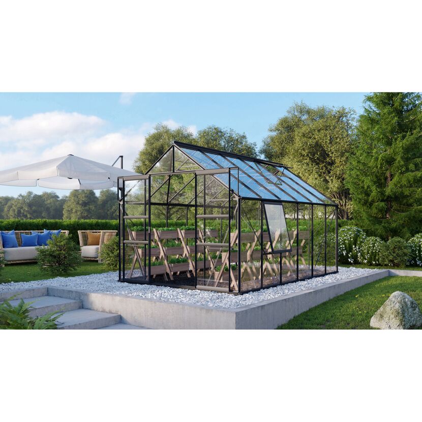 Gewächshaus Meridian 2 mit Pflanzen im Garten