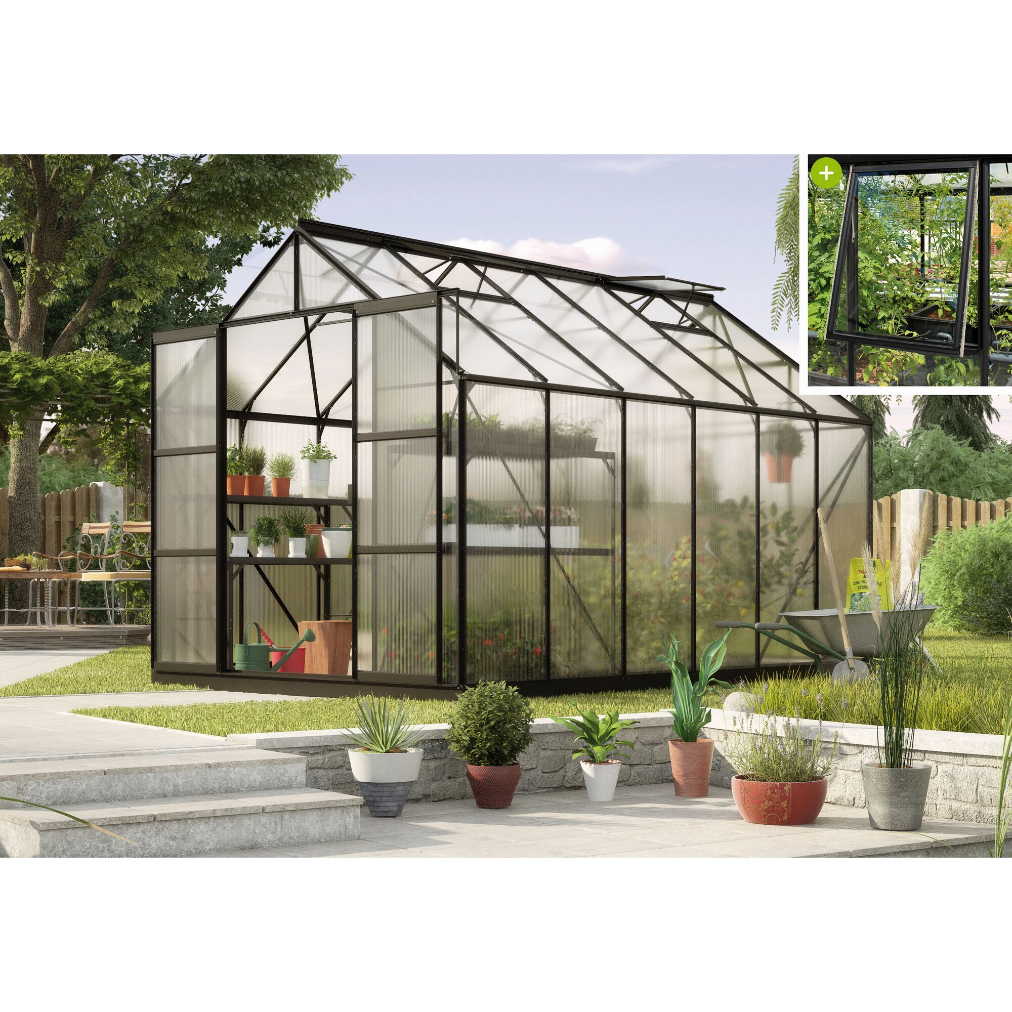 Gewächshaus Jupiter mit geöffneter Tür und Fenster