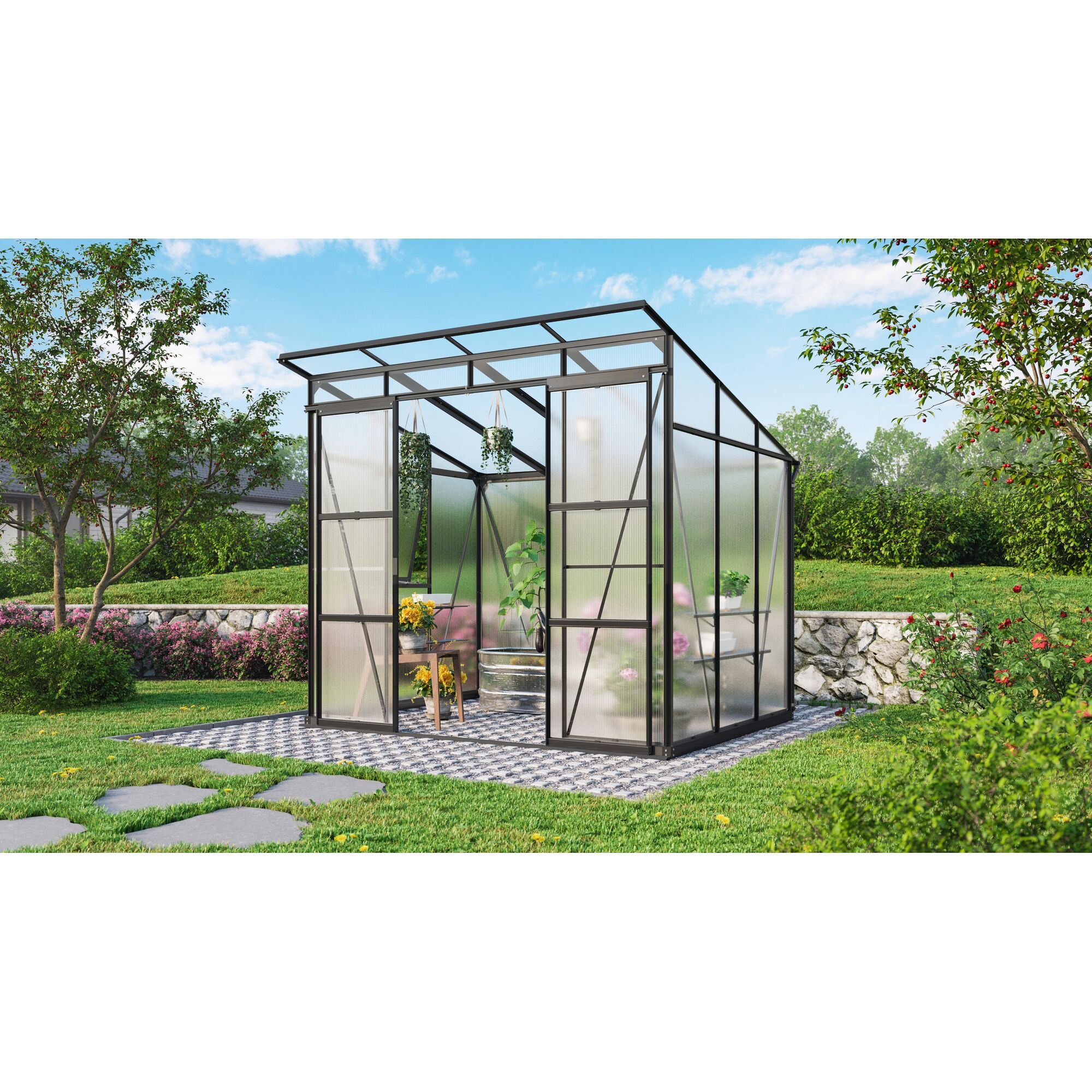 Gewächshaus GWH Playa 5900 mit Pflanzen und Stühlen