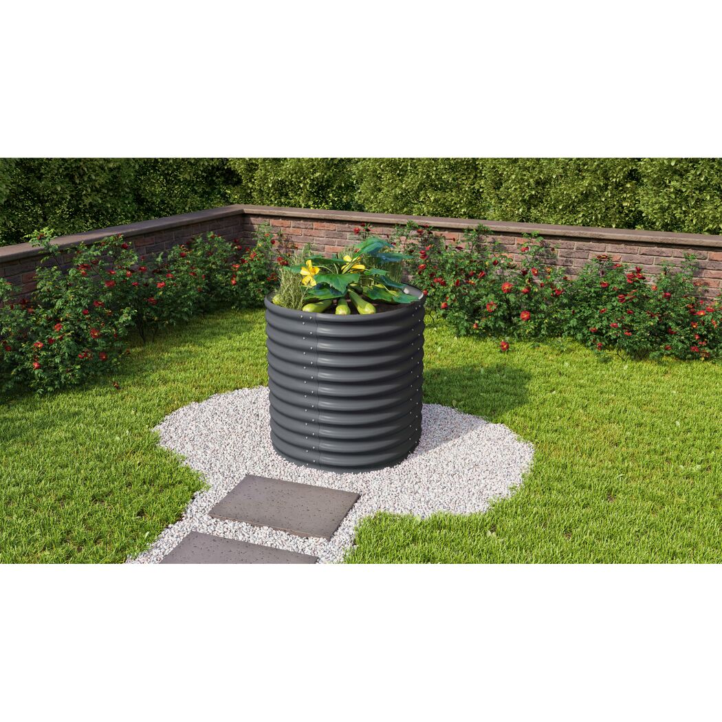 Rundes Hochbeet aus Metall mit Zucchini-Pflanze