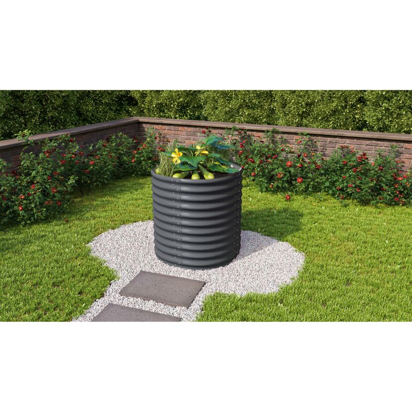Rundes Hochbeet aus Metall mit Zucchini-Pflanze