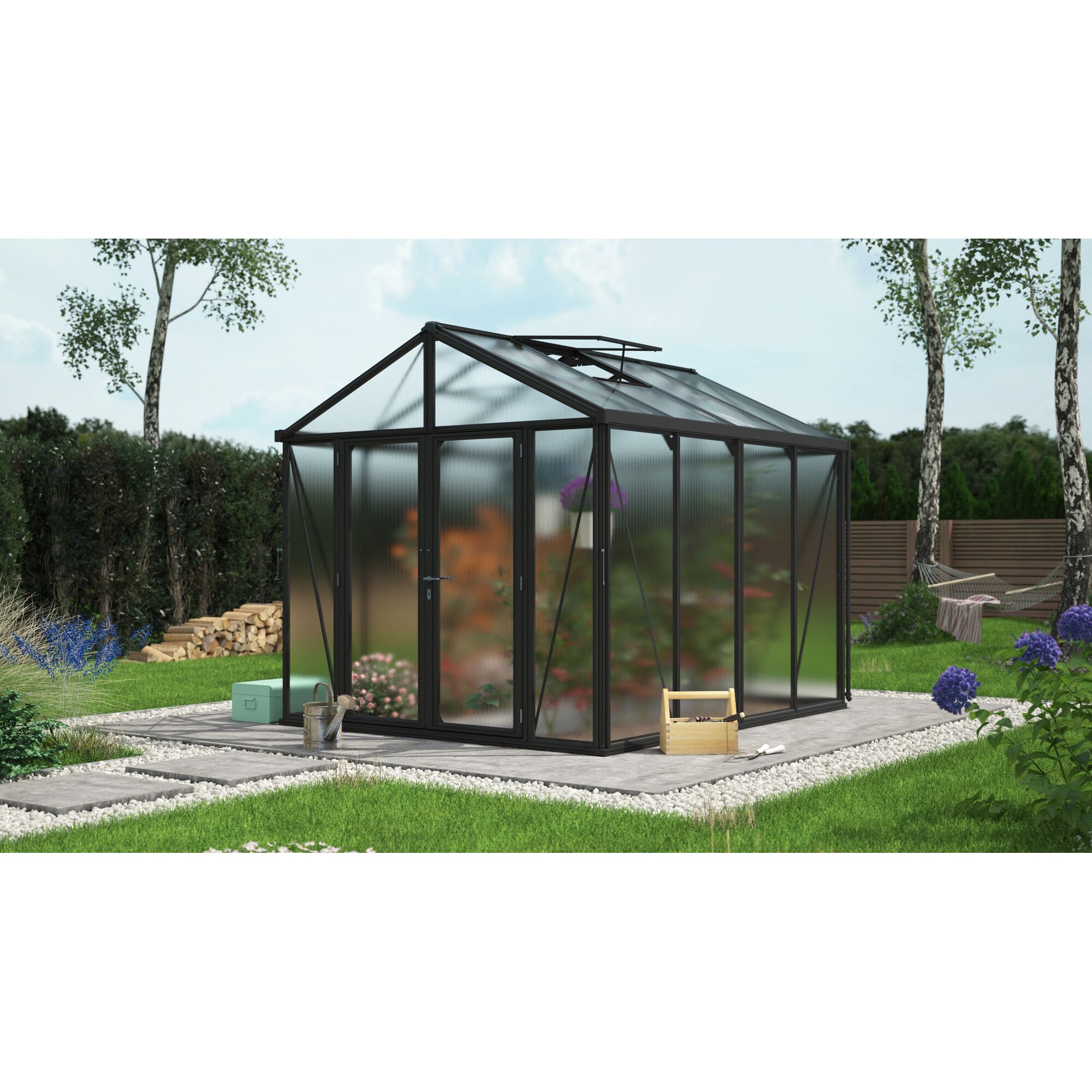 Schwarzes Gewächshaus Zeus Comfort 8100 im Garten