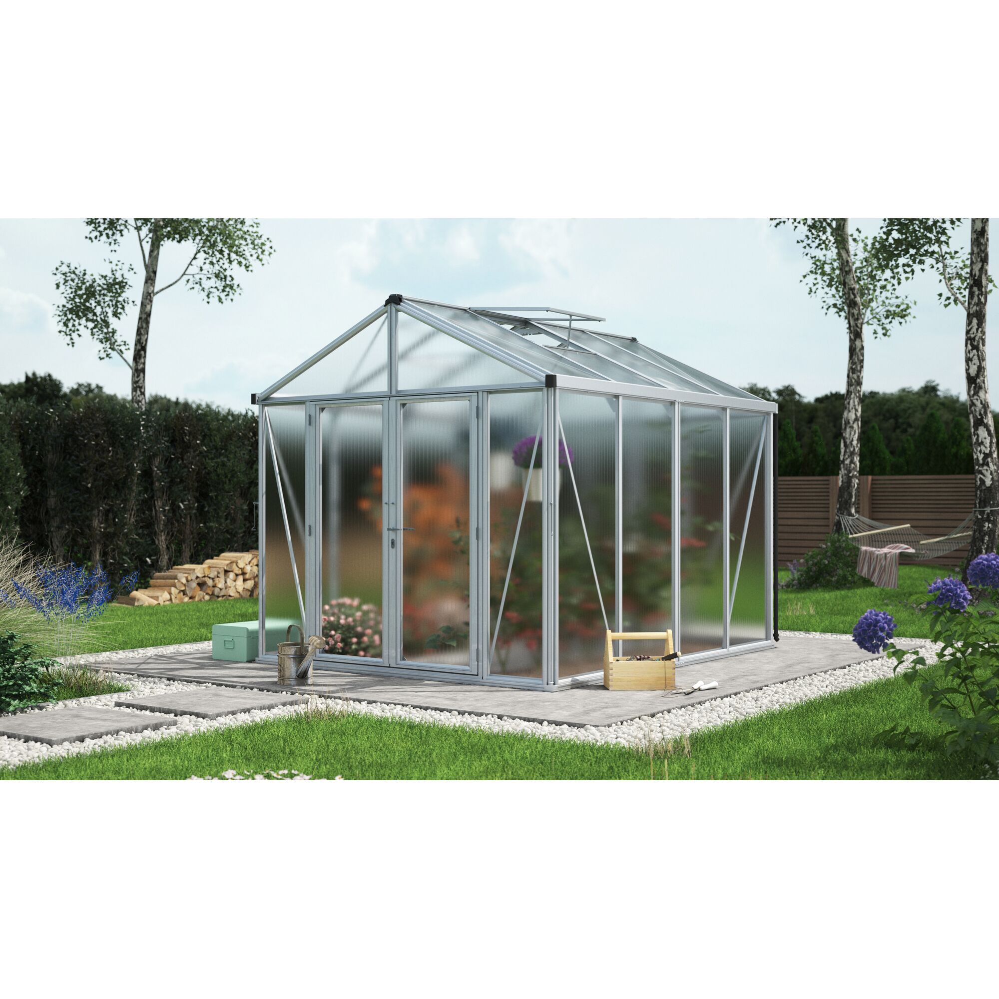 Gewächshaus Zeus Comfort 8100 HKP10mm im Garten