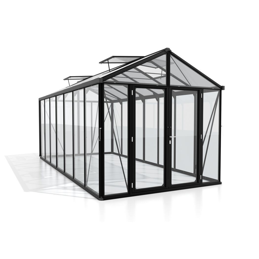 Gewächshaus Zeus Comfort schwarz mit geöffnetem Dachfenster
