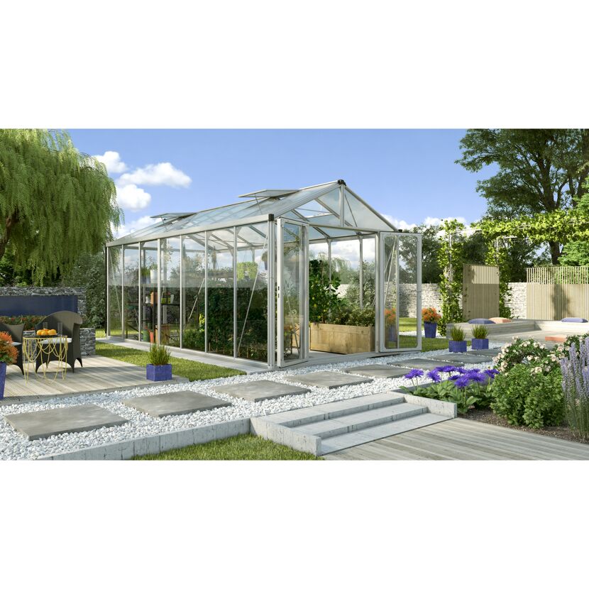 Gewächshaus 'Zeus Comfort 13800' 266,2 x 547,4 cm mit 3 mm Sicherheitsglas/10 mm Hohlkammerplatten aluminiumfarben