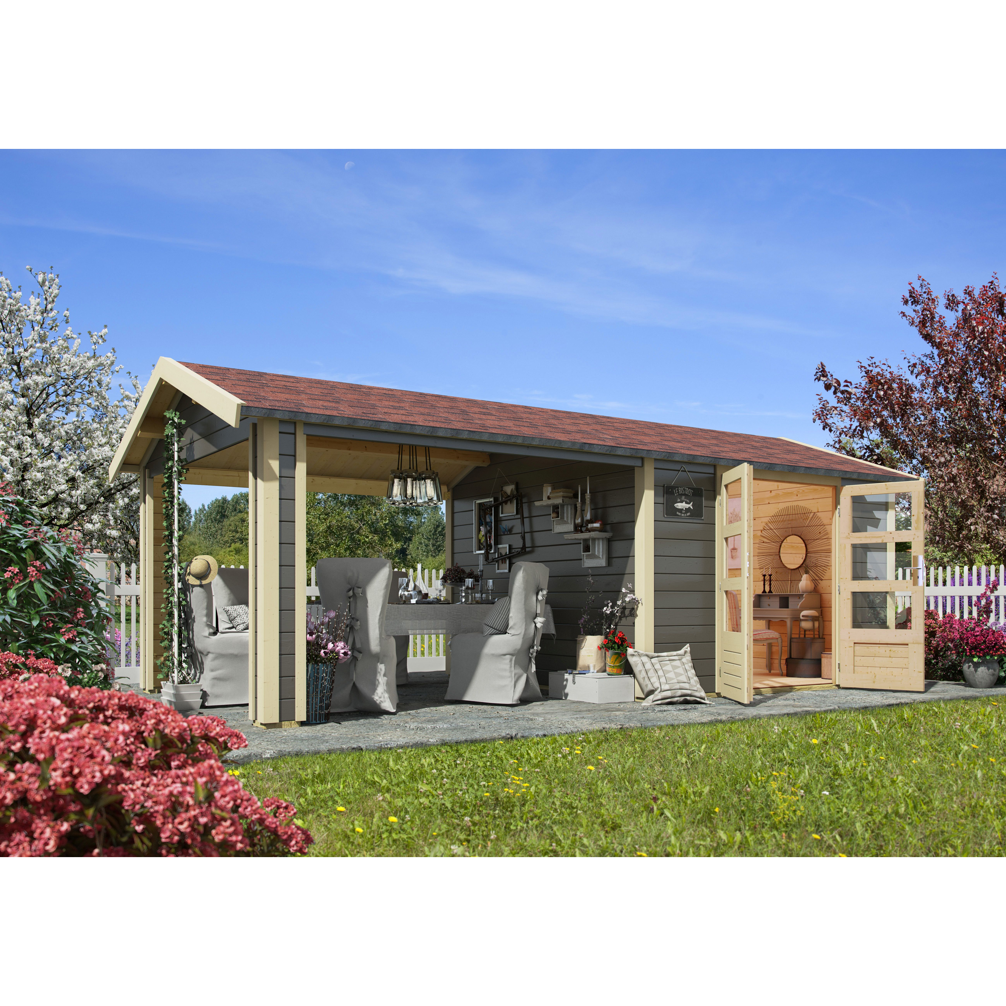 Gartenhaus 'Mylau 7' mit Anbaudach 600 x 304 x 250 cm terragrau + product picture