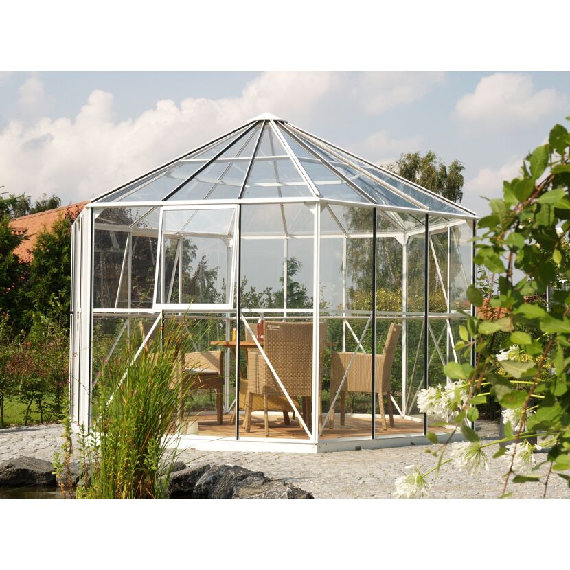 Gewächshaus 'Hera 9000' 382 x 336 cm mit 3 mm Sicherheitsglas/6 mm Hohlkammerplatten weiß