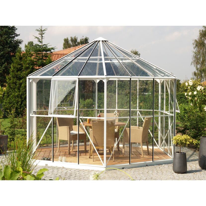 Gewächshaus 'Hera 9000' 382 x 336 cm mit 3 mm Sicherheitsglas/6 mm Hohlkammerplatten weiß
