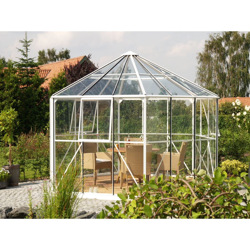 Gewächshaus 'Hera 9000' 382 x 336 cm mit 3 mm Sicherheitsglas/6 mm Hohlkammerplatten weiß