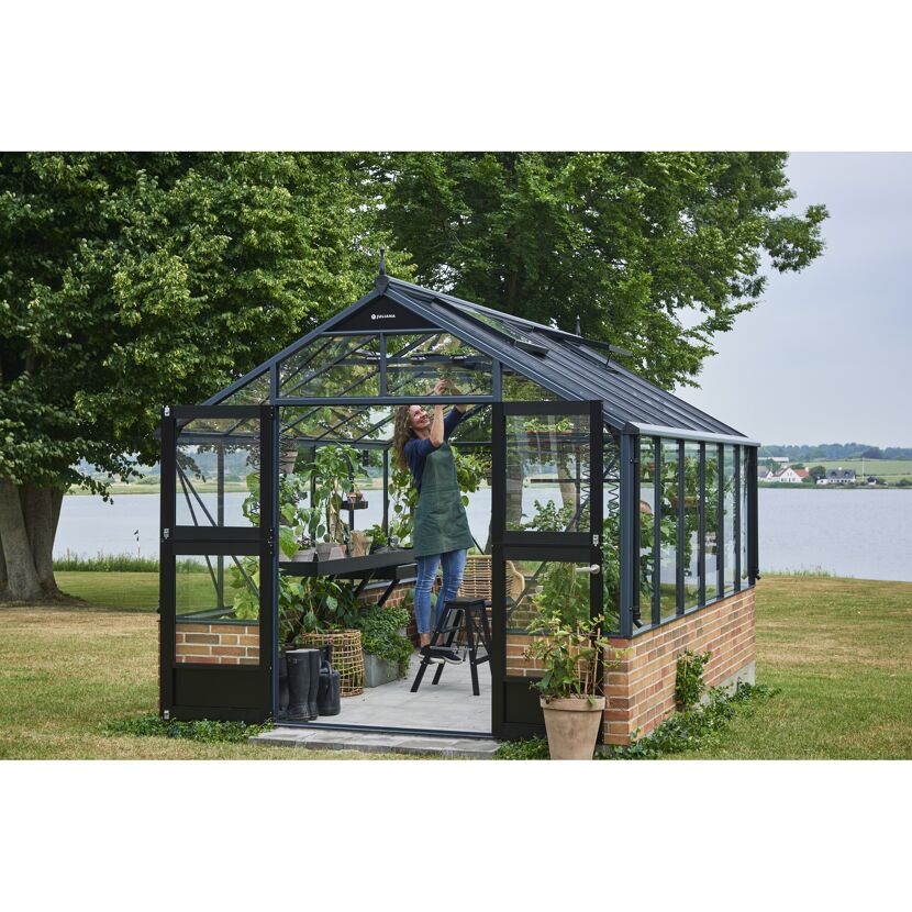 Gewächshaus 'Premium' 296 x 439 cm mit 3 mm Sicherheitsglas anthrazit/schwarz - für Mauer