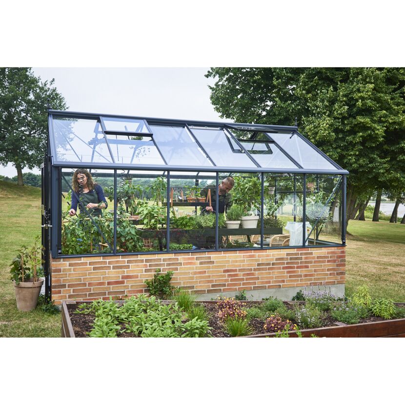 Gewächshaus 'Premium' 296 x 439 cm mit 3 mm Sicherheitsglas anthrazit/schwarz - für Mauer