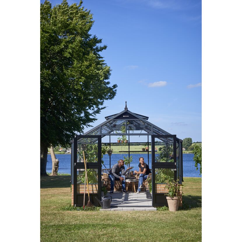 Gewächshaus 'Premium' 296 x 439 cm mit 3 mm Sicherheitsglas anthrazit/schwarz - für Mauer