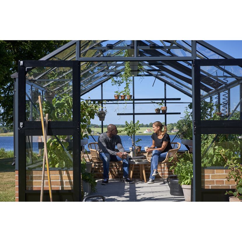 Gewächshaus 'Premium' 296 x 439 cm mit 3 mm Sicherheitsglas anthrazit/schwarz - für Mauer