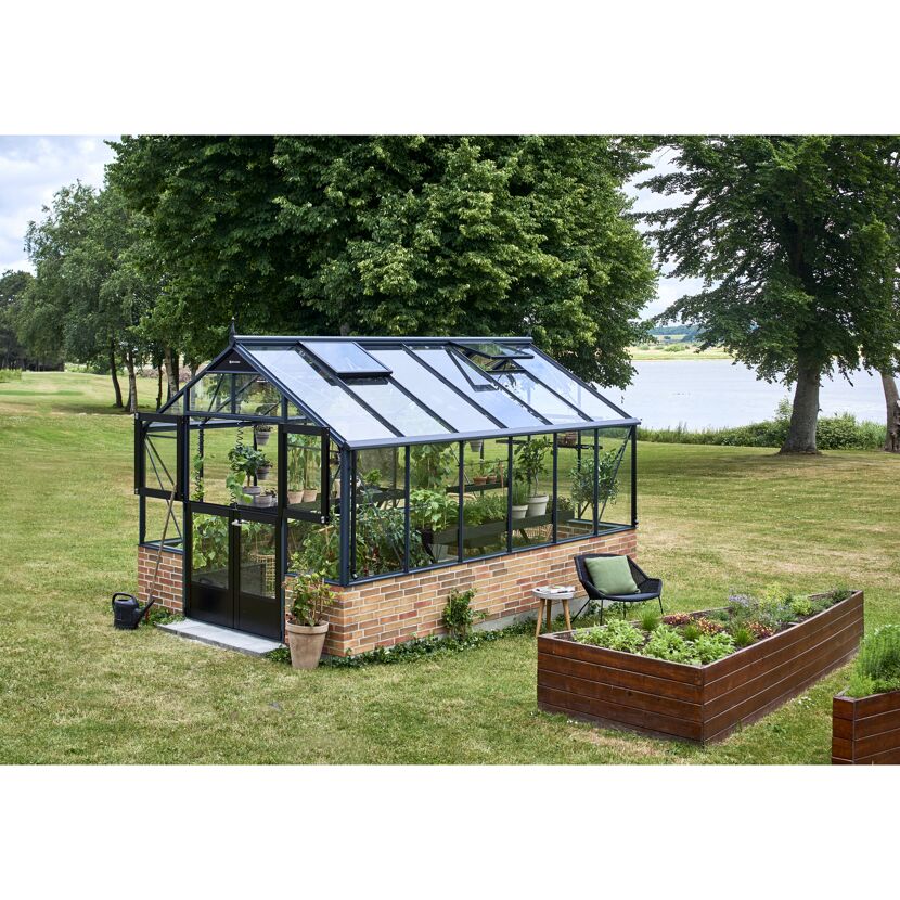 Gewächshaus 'Premium' 296 x 439 cm mit 3 mm Sicherheitsglas anthrazit/schwarz - für Mauer