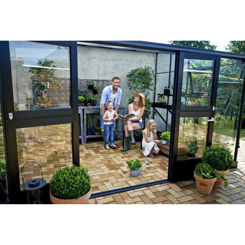 Anlehngewächshaus 'Veranda' 439 x 293 cm mit 3 mm Sicherheitsglas/10 mm Doppelstegplatten anthrazit/schwarz