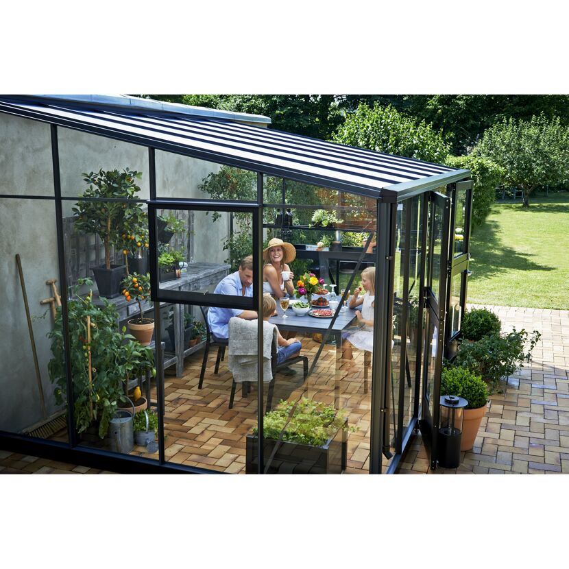 Anlehngewächshaus 'Veranda' 439 x 293 cm mit 3 mm Sicherheitsglas/10 mm Doppelstegplatten anthrazit/schwarz
