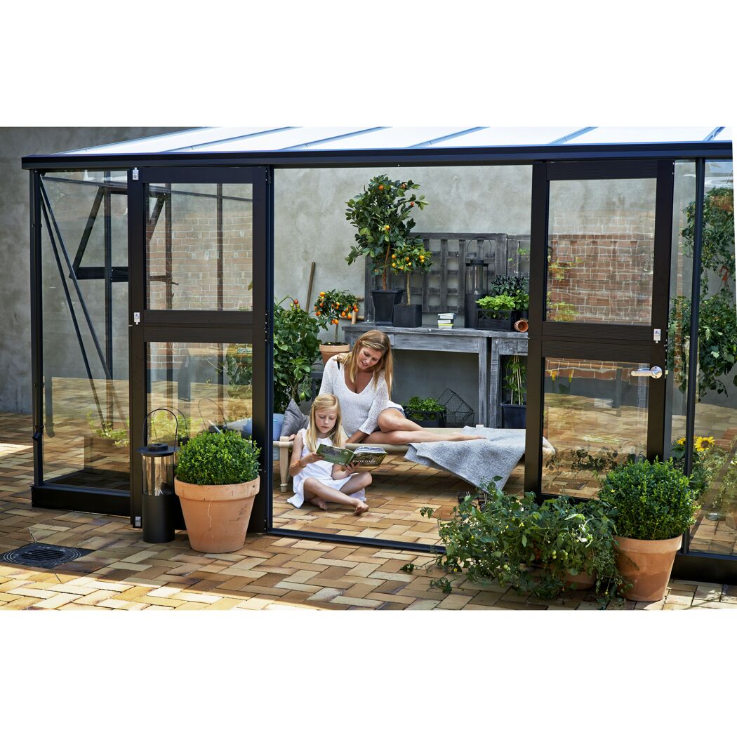Anlehngewächshaus 'Veranda' 439 x 293 cm mit 3 mm Sicherheitsglas/10 mm Doppelstegplatten anthrazit/schwarz