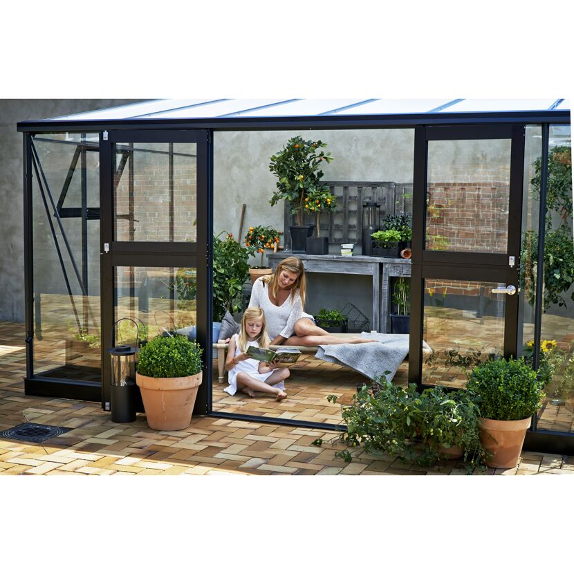 Anlehngewächshaus 'Veranda' 439 x 293 cm mit 3 mm Sicherheitsglas/10 mm Doppelstegplatten anthrazit/schwarz