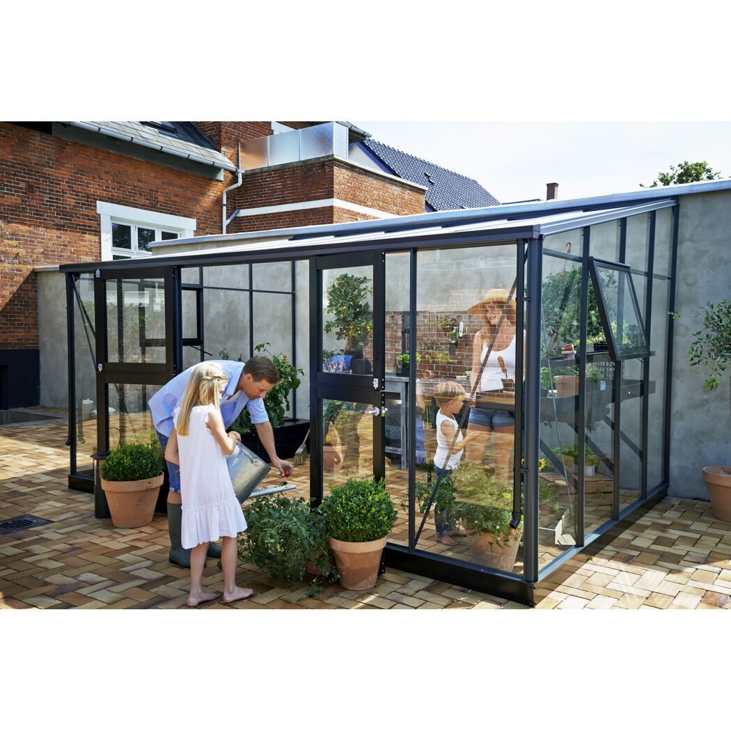 Anlehngewächshaus 'Veranda' 439 x 293 cm mit 3 mm Sicherheitsglas/10 mm Doppelstegplatten anthrazit/schwarz