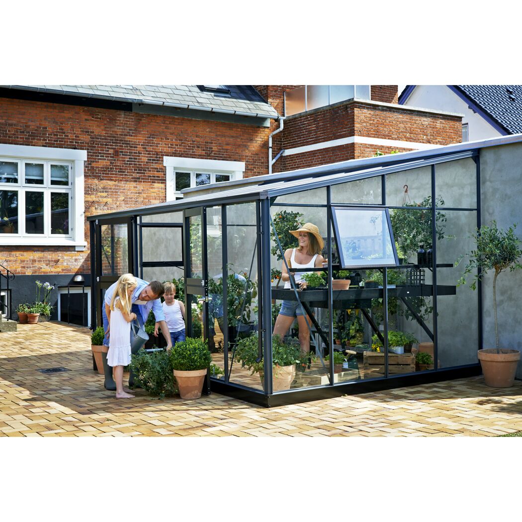 Anlehngewächshaus 'Veranda' 439 x 293 cm mit 3 mm Sicherheitsglas/10 mm Doppelstegplatten anthrazit/schwarz