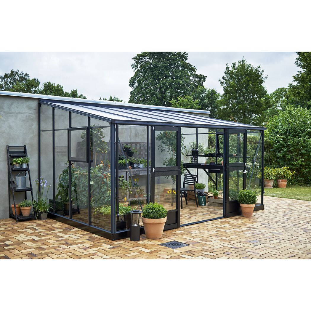 Anlehngewächshaus 'Veranda' 439 x 293 cm mit 3 mm Sicherheitsglas/10 mm Doppelstegplatten anthrazit/schwarz