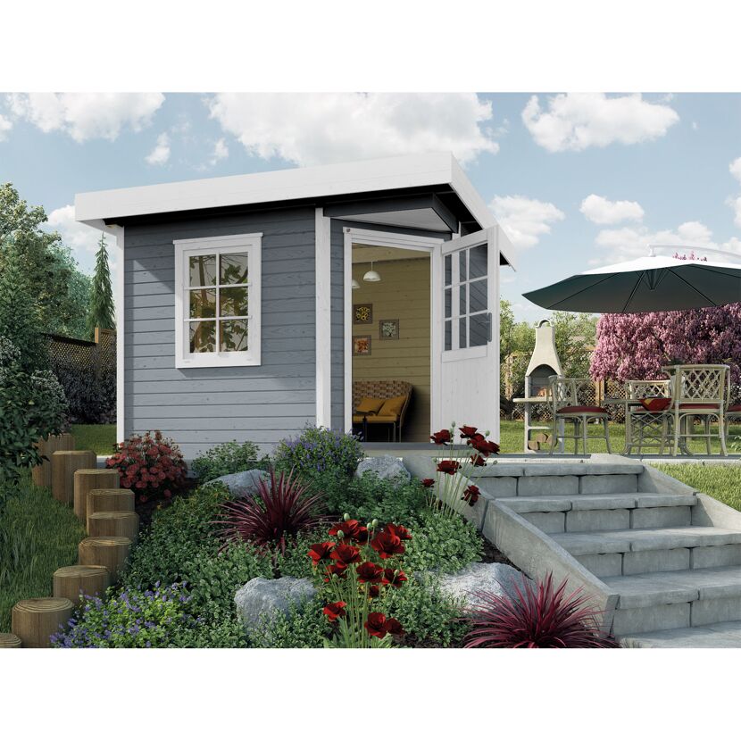 Graues Gartenhaus Design213 mit weißen Tür- und Fensterrahmen