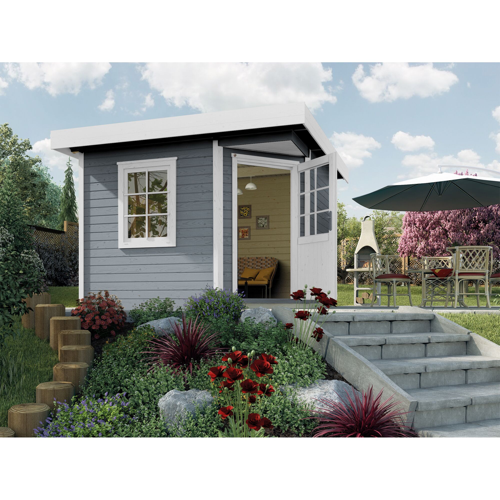 Graues Gartenhaus Design213 mit weißen Tür- und Fensterrahmen