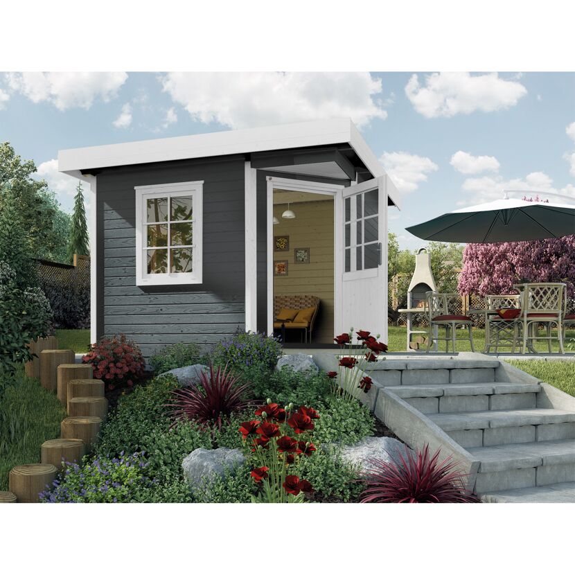 Gartenhaus weka Design213 in Anthrazit mit weißen Tür- und Fensterrahmen