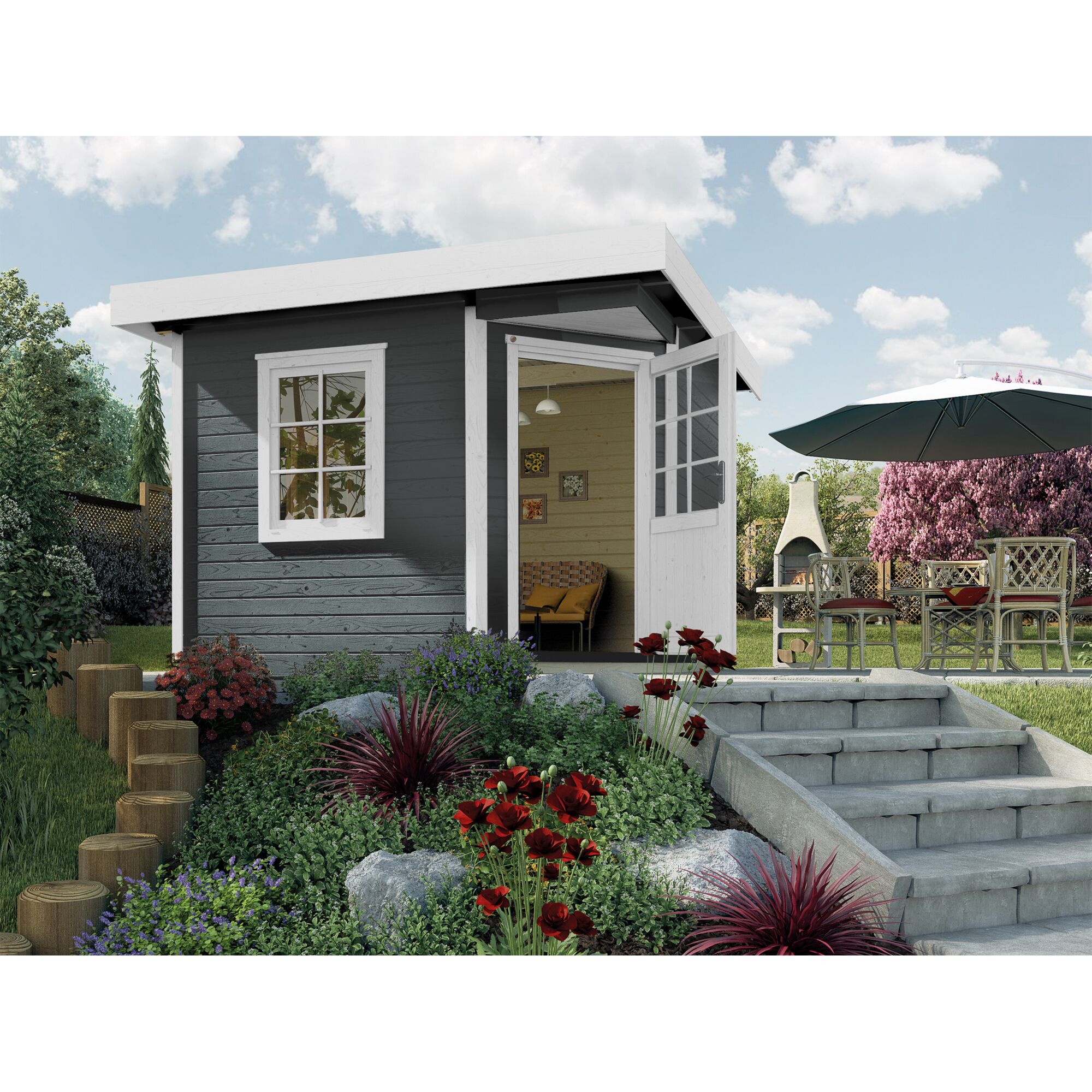 Gartenhaus weka Design213 in Anthrazit mit weißen Tür- und Fensterrahmen