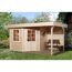 Gartenhaus aus Holz mit überdachter Terrasse und Sitzbank