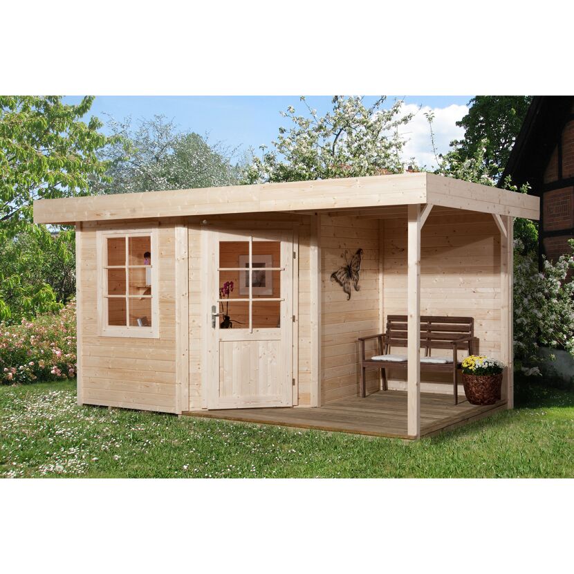 Gartenhaus aus Holz mit überdachter Terrasse und Sitzbank