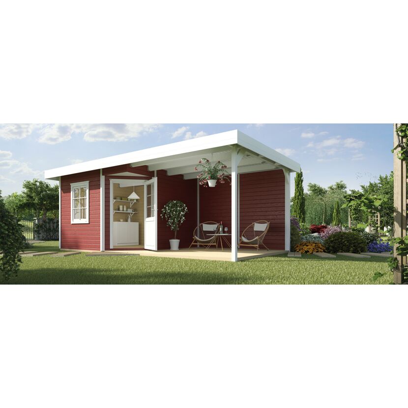 Rot-weißes Gartenhaus mit überdachter Terrasse