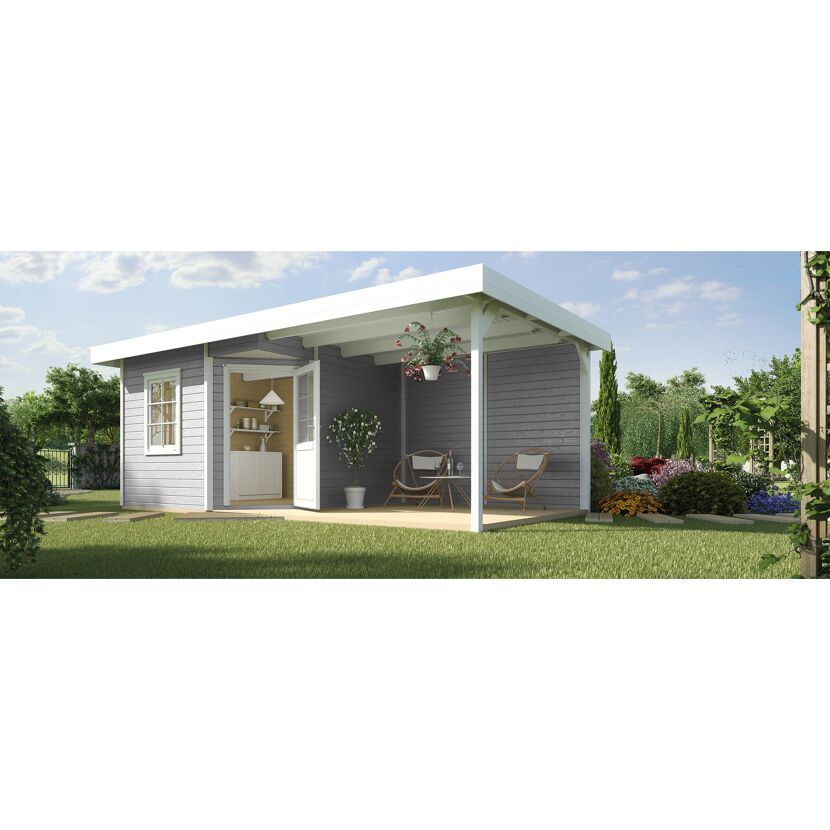 Graues Gartenhaus mit überdachter Terrasse und Gartenmöbeln