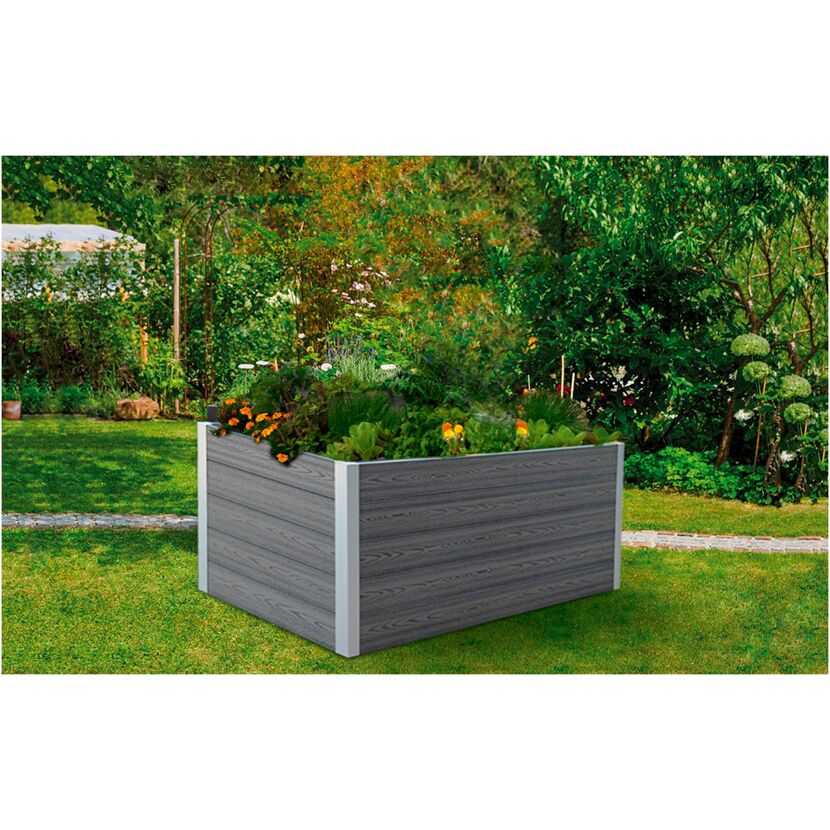 Graues Hochbeet aus Holz mit Pflanzen