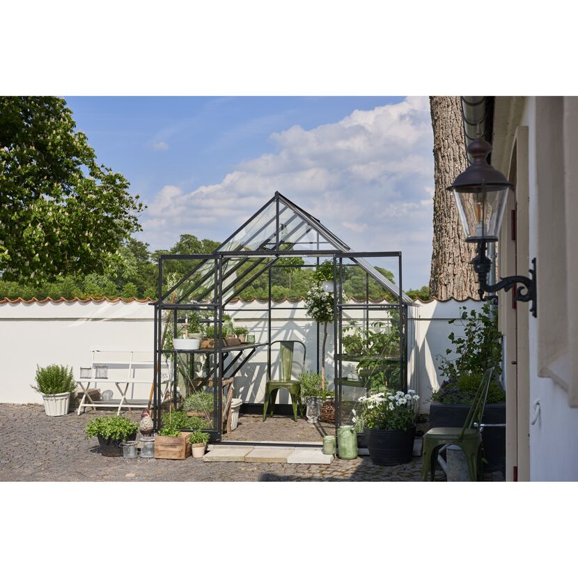 Gewächshaus GWH Qube plus 88 schwarz im Garten