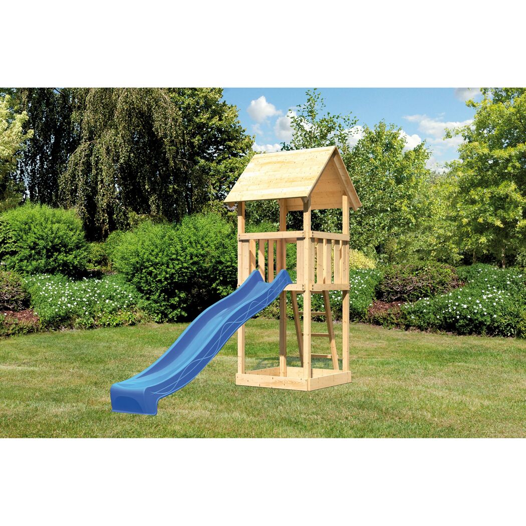 Spielturm aus Holz mit blauer Rutsche