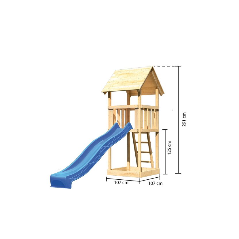 Holzhaeuschen mit blauer Rutsche