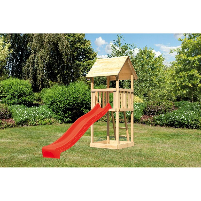 Kinderrutsche aus Holz mit roter Rutsche