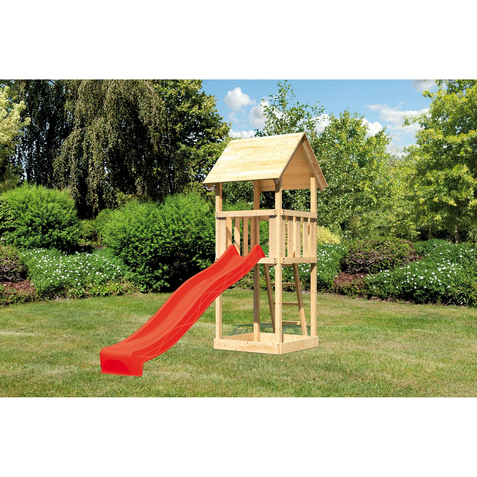 Kinderrutsche aus Holz mit roter Rutsche