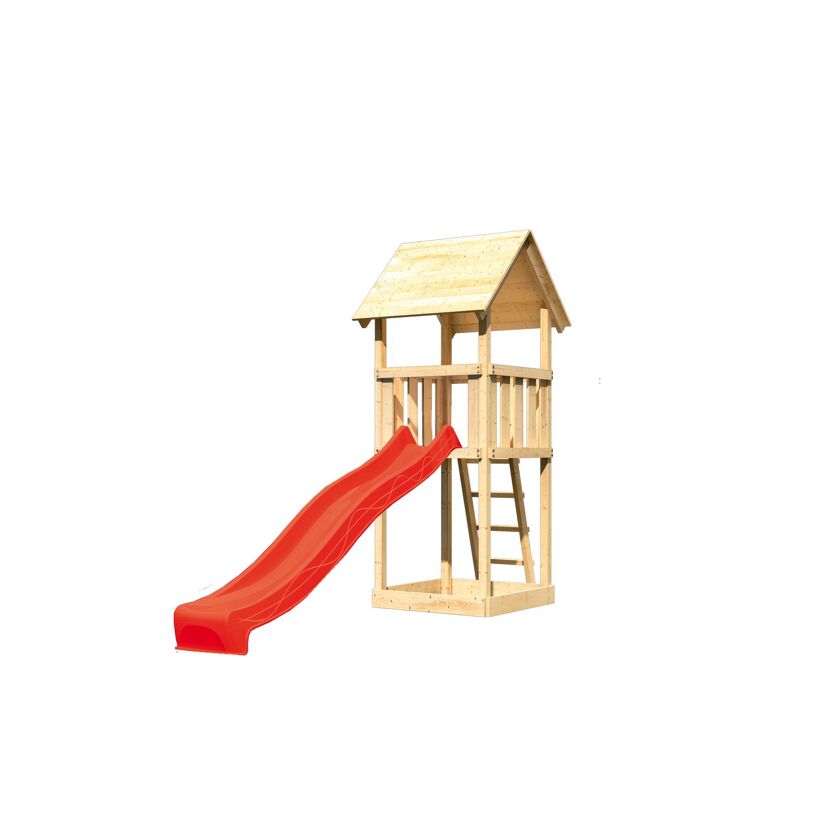 Kleines Spielhaus aus Holz mit roter Rutsche.