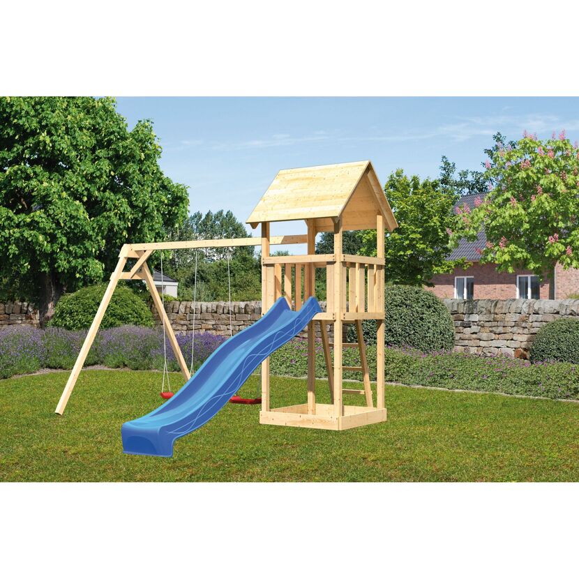 Spielturm Lotti mit blauer Rutsche und Schaukel