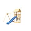 Spielturm aus Holz mit blauer Rutsche und roter Schaukel